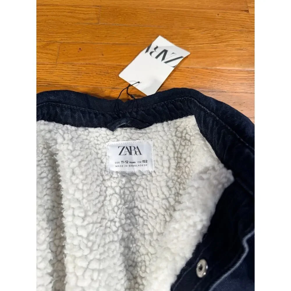 ZARA Kids Denim Sherpa Lined Overshirt Jacket Boys Size 11-12 152 Navy Blue NWT